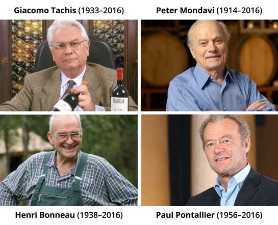 Giacomo Tachis, Peter Mondavi, Henri Bonneau and Paul Pontallier