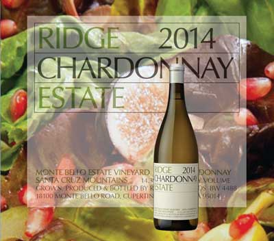 collage of summer salad with Ridge 2014 Chardonnay label and bottle superimposed over it 